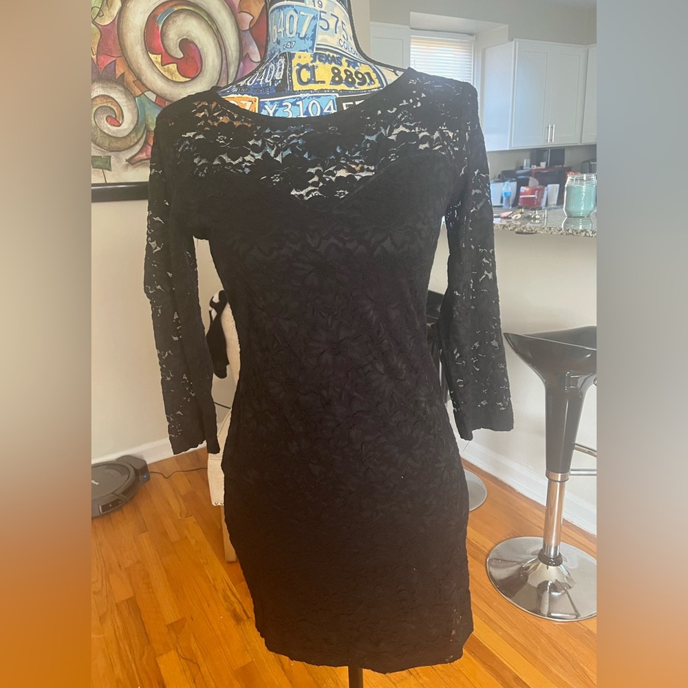 Forever 21 Black Lace with Sleeves LBD Dress Large